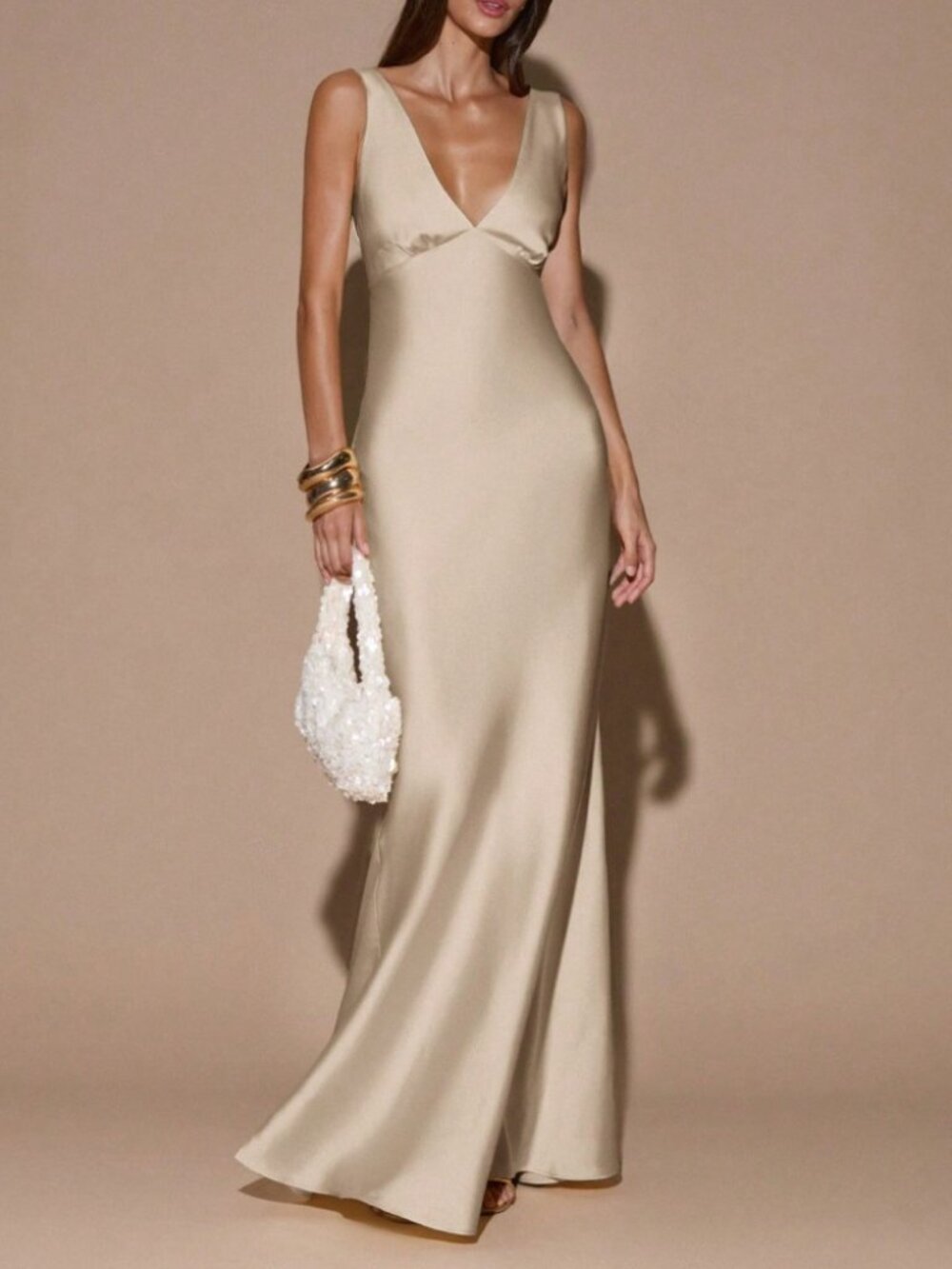 Tan Satin Deep V-Neck Maxi Dress